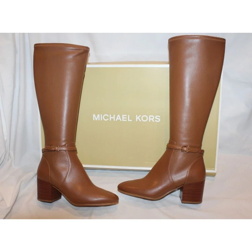 Michael Kors Ella Women's Block Heel Boots NIB 7 WIDE LUGGAGE BROWN LEATHER